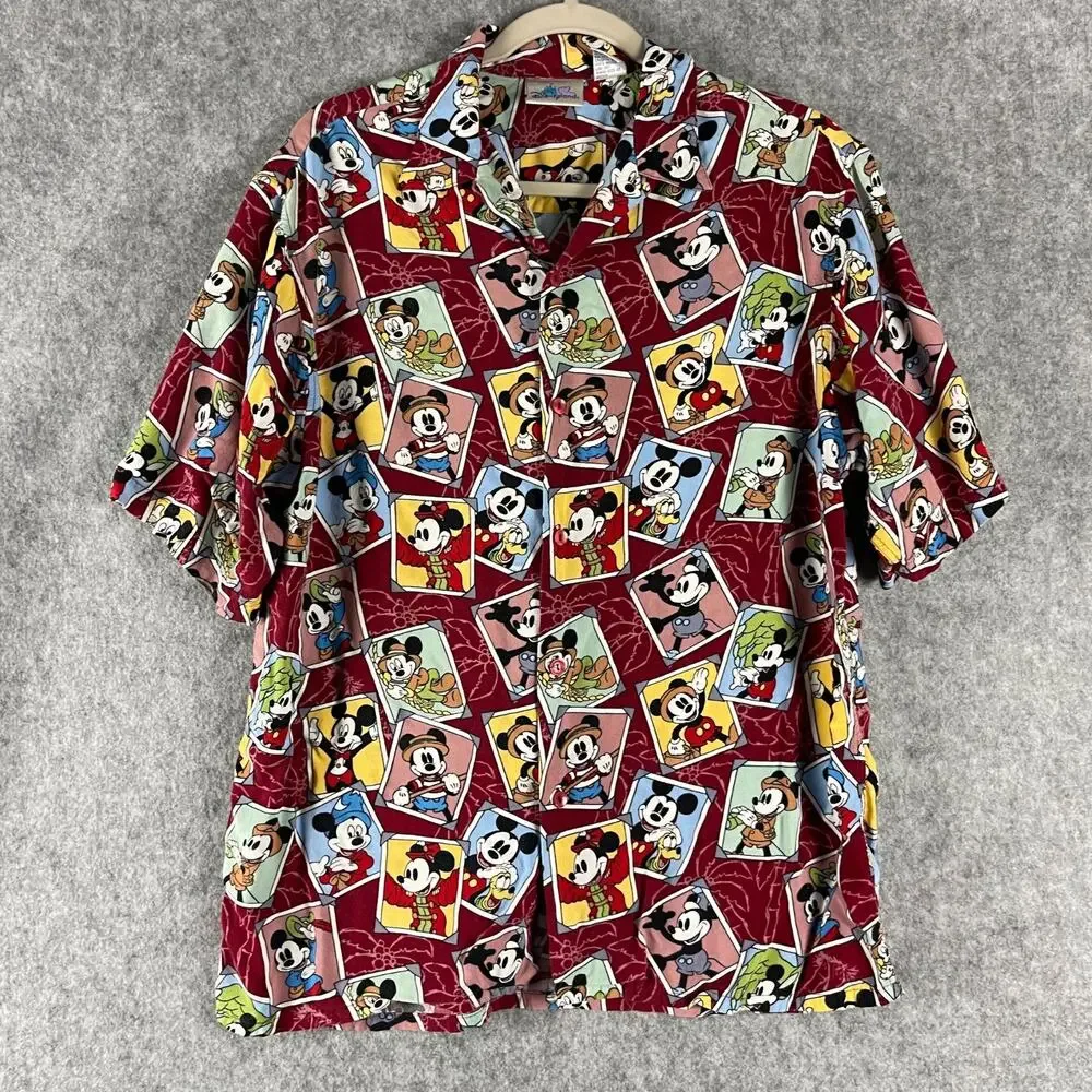 Vintage Disney Mickey Hawaiian‎ Shirt Mens Medium Button Up Rayon Tropical